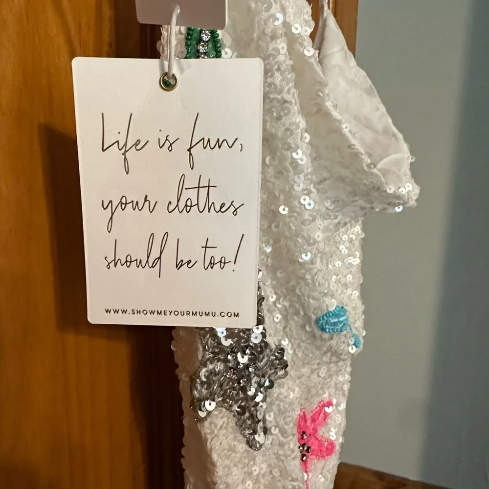 NWT Show Me Your MuMu White Sequin Multi-Color Star Spaghetti Strap Slip Dress - Picture 6 of 16